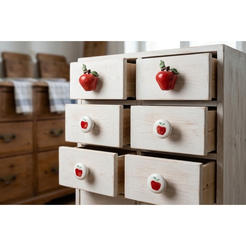 Vintage Apple Drawer Pulls Knobs Set of 6 Red Ceramic Resin Kitchen Decor